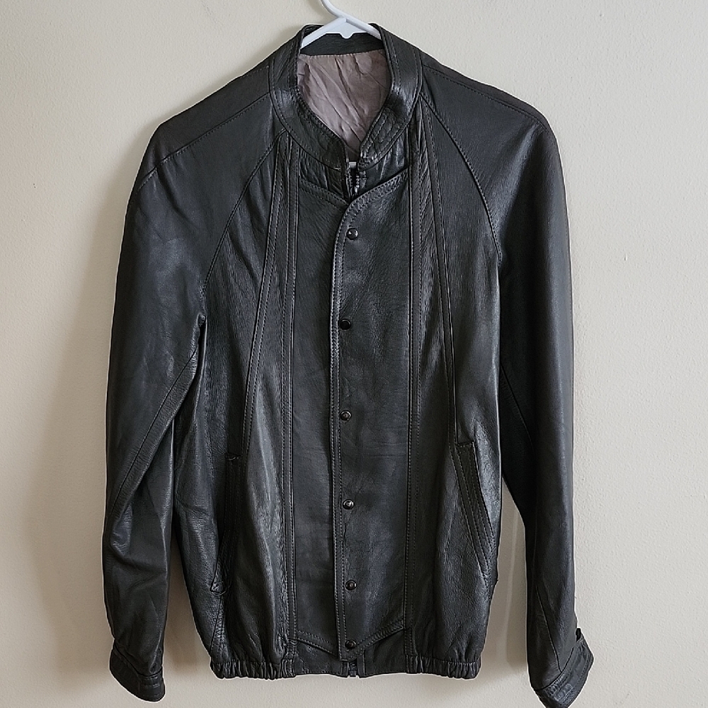 Kane M Vintage Gray Genuine Leather Jacket Hidden Zip Button Up Mandarine Collar